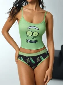 Rick and Morty X SHEIN Women's Cartoon Print Camisole Style Lingerie Set - Green - View 5
