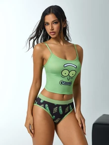Rick and Morty X SHEIN Women's Cartoon Print Camisole Style Lingerie Set - Green - View 6
