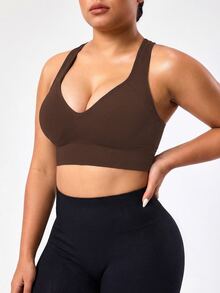 Rhythm Era Seamless Solid Color Wide Strap Pullover Sports Bra, Plus Size Women - Brown - View 3