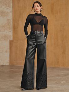 Anewsta Autumn/Winter New Elegant Daily Commute Versatile Black Solid Color Design Hollow Embroidery High Waist Draped PU Women's Long Pants - Black - View 7