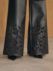 Anewsta Autumn/Winter New Elegant Daily Commute Versatile Black Solid Color Design Hollow Embroidery High Waist Draped PU Women's Long Pants - Black - View 2