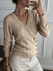 SHEIN LUNE Autumn/Winter New Casual Daily Commute Khaki Twisted Rope Texture Faux Button Long Sleeve Slim Fit Women's Fashion Knit Pullover Sweater - Khaki - View 7