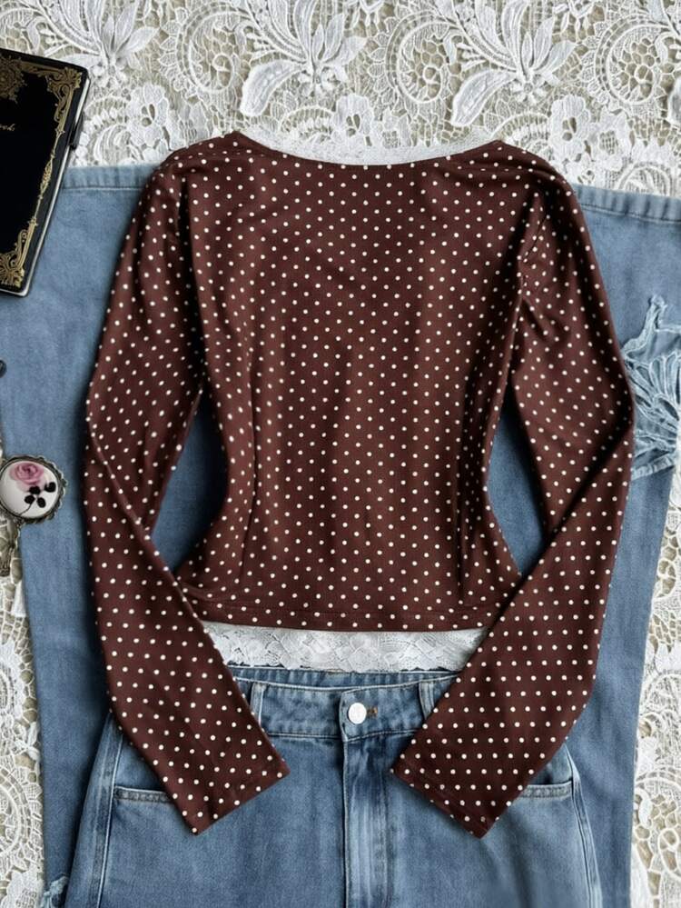 SHEIN Teen Girls Teen Girl Lace Trim Patchwork Contrast Color Brown Polka Dot Long Sleeve T-Shirt Ball Formal Spring Cute - Brown - View 5