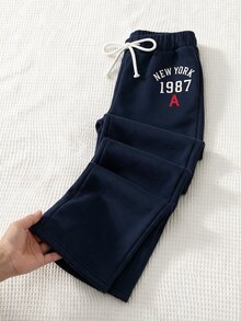 女童深藍色字母印花抽繩休閒喇叭運動褲，寬腿直筒褲，高彈力針織，貼身街頭風休閒寬鬆版型，適合學校穿著、秋季穿著、萬聖節、聖誕節、運動與瑜伽 - 寶藍色 - 查看 4