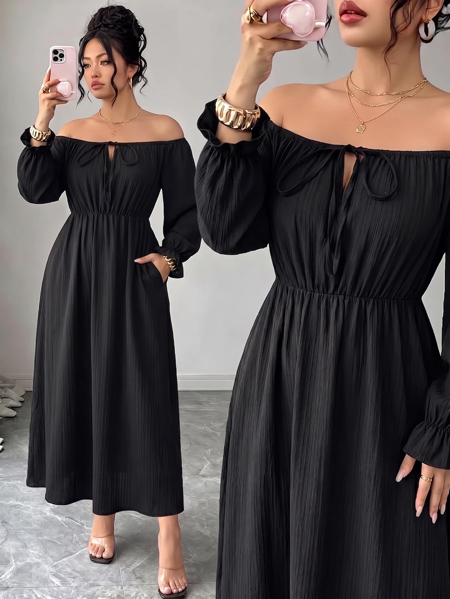 Elenzga Plus Size Women's Summer Off-Shoulder Tie Petal Sleeve Elastic Waist Textured Long Dress - Black - View 1
