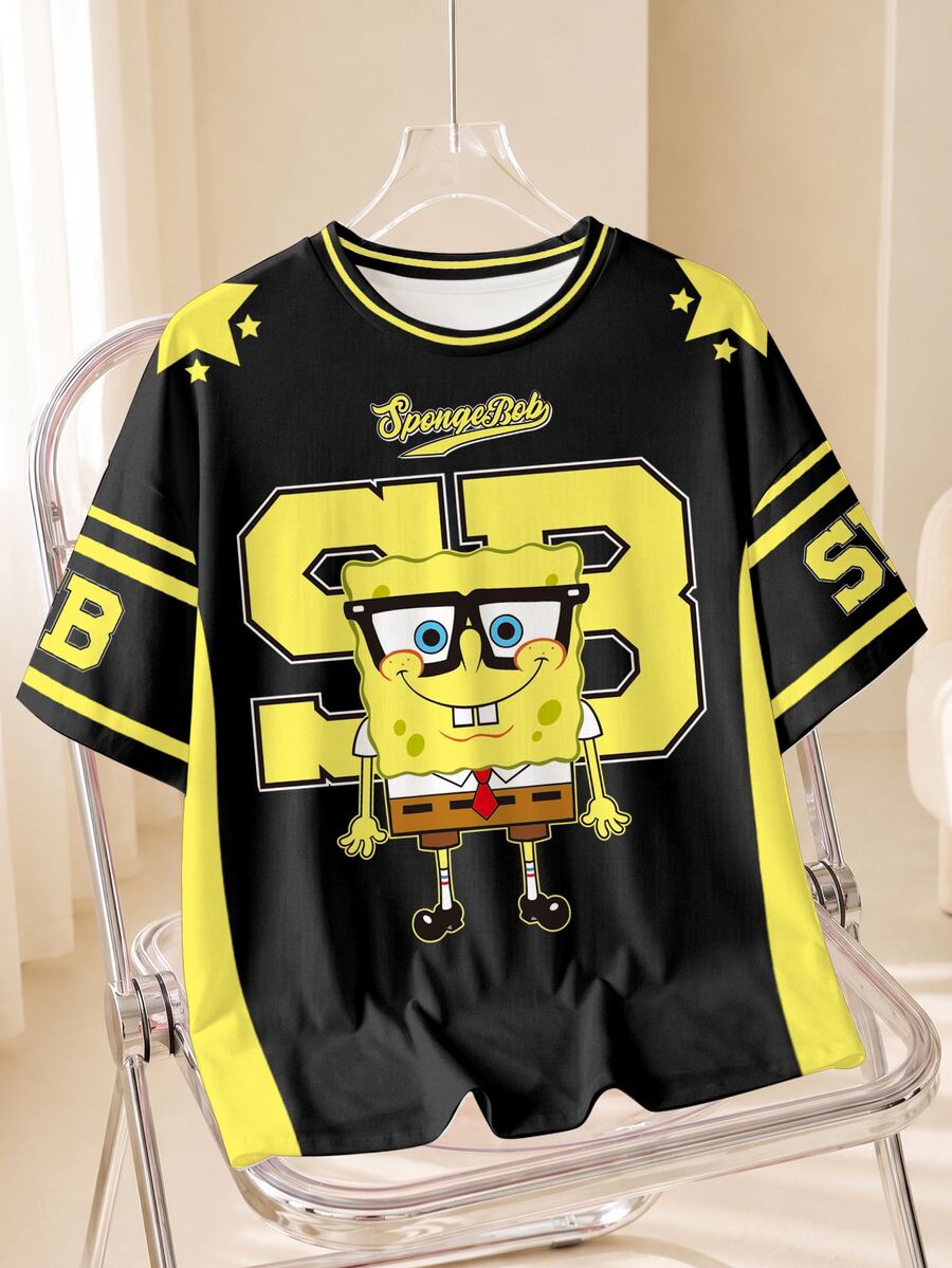 SpongeBob SquarePants | SHEIN Plus Size Summer Casual Cartoon Print T-Shirt - White - View 1