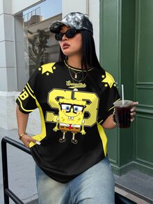SpongeBob SquarePants | SHEIN Plus Size Summer Casual Cartoon Print T-Shirt - White - View 3