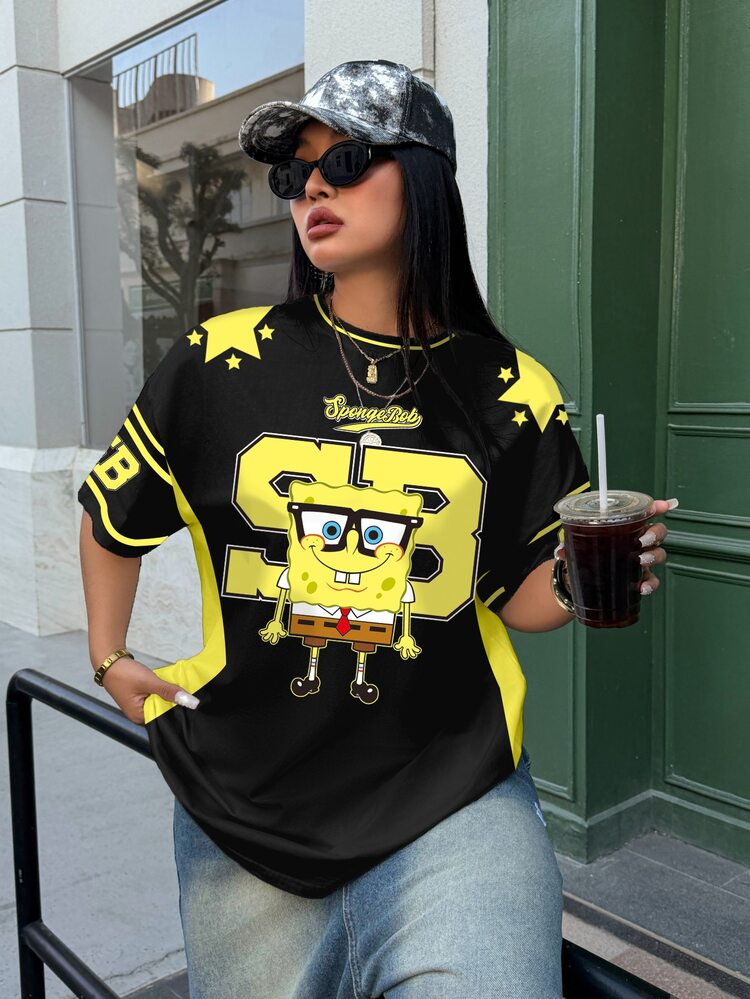 SpongeBob SquarePants | SHEIN 大尺碼夏季休閒卡通印花T恤 - 白色 - 查看 3