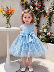 SHEIN Glamorique Kids 女嬰公主洋裝，無袖，3D刺繡網紗，大蝴蝶設計，生日派對、婚禮度假洋裝，聖誕節，優雅奢華可愛 - 藍色 - 查看 3
