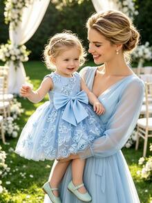 SHEIN Glamorique Kids 女嬰公主洋裝，無袖，3D刺繡網紗，大蝴蝶設計，生日派對、婚禮度假洋裝，聖誕節，優雅奢華可愛 - 藍色 - 查看 4