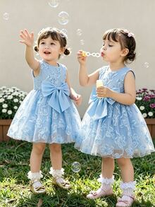 SHEIN Glamorique Kids 女嬰公主洋裝，無袖，3D刺繡網紗，大蝴蝶設計，生日派對、婚禮度假洋裝，聖誕節，優雅奢華可愛 - 藍色 - 查看 2