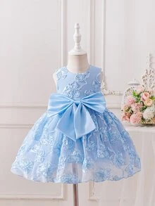 SHEIN Glamorique Kids 女嬰公主洋裝，無袖，3D刺繡網紗，大蝴蝶設計，生日派對、婚禮度假洋裝，聖誕節，優雅奢華可愛 - 藍色 - 查看 7