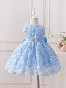 SHEIN Glamorique Kids 女嬰公主洋裝，無袖，3D刺繡網紗，大蝴蝶設計，生日派對、婚禮度假洋裝，聖誕節，優雅奢華可愛 - 藍色 - 查看 6