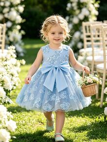 SHEIN Glamorique Kids 女嬰公主洋裝，無袖，3D刺繡網紗，大蝴蝶設計，生日派對、婚禮度假洋裝，聖誕節，優雅奢華可愛 - 藍色 - 查看 1