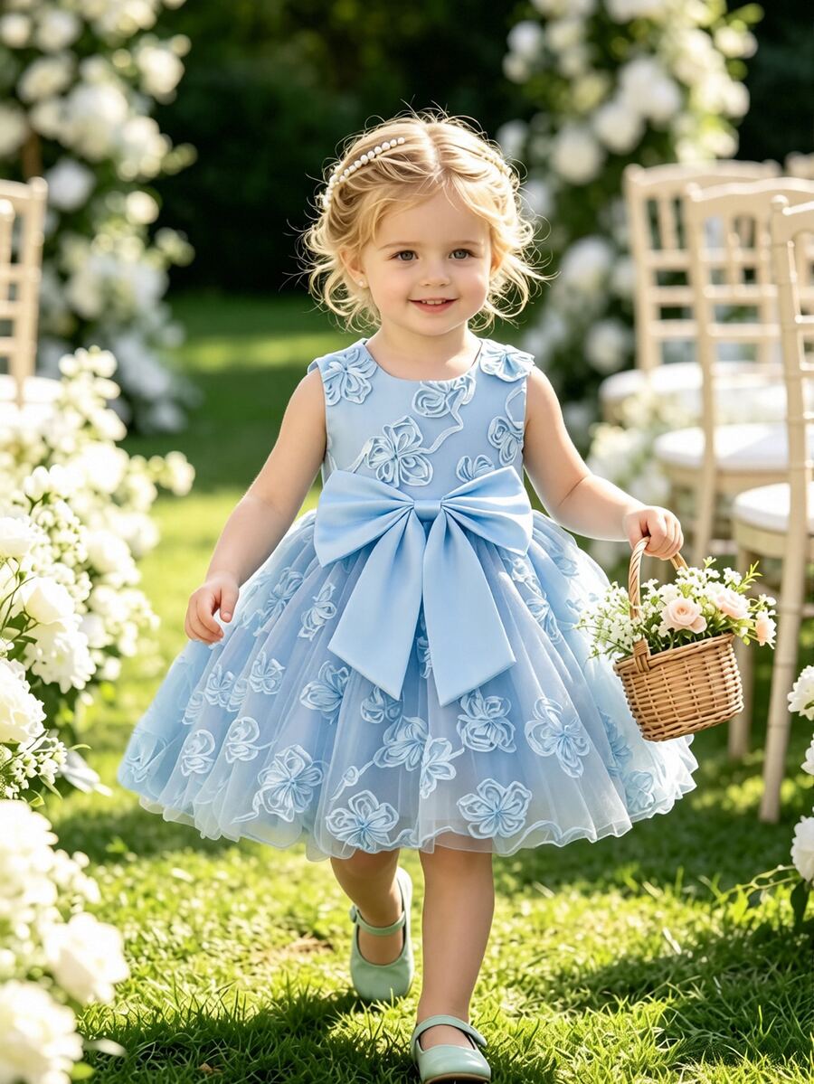 SHEIN Glamorique Kids 女嬰公主洋裝,無袖,3D刺繡網紗,大蝴蝶設計,生日派對、婚禮度假洋裝,聖誕節,優雅奢華可愛 - 藍色 - 查看 1