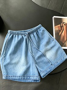 Franclia Women's Solid Color Drawstring Waist Casual All-Match Versatile Daily Wear Shorts Everyday Home Black Light Blue Summer - Blue - View 3