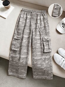 SHEIN 青少年女孩抽繩腰休閒寬鬆工裝褲，針織，街頭風，寬鬆，修身，喇叭褲，秋季服飾，萬聖節，校園深灰色 - 灰色 - 查看 2