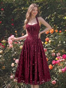 SHEIN MOD Women's Sequin Design Front Tie Elegant Halter Neck Midi Dress - Burgundy - View 4