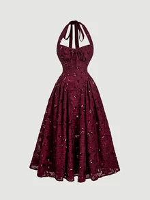 SHEIN MOD Women's Sequin Design Front Tie Elegant Halter Neck Midi Dress - Burgundy - View 5