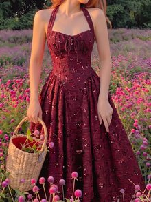 SHEIN MOD Women's Sequin Design Front Tie Elegant Halter Neck Midi Dress - Burgundy - View 2