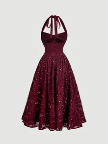 SHEIN MOD Women's Sequin Design Front Tie Elegant Halter Neck Midi Dress - Burgundy - View 6
