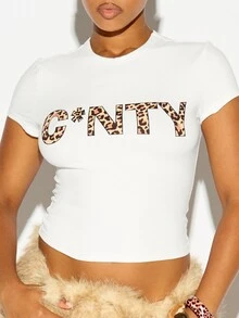 SUMWON WOMEN Leopard Print Slogan Graphic Crop Tee Crew Neck Cap Sleeve Fitted Stretch Jersey Top Summer Festival Style - White - View 3