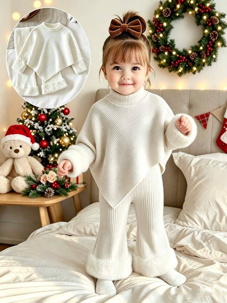 SHEIN Playful Pals Baby Girl Autumn/Winter T-Shirt Set, Asymmetrical High Neck T-Shirt With Flared Pants, Plush Fabric Paneling,Simple Warm Outfit, Outings - White - View 4