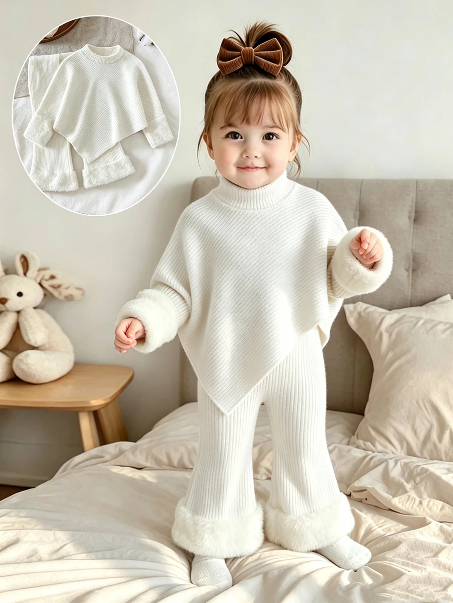SHEIN Playful Pals 女嬰秋冬T恤套裝,不對稱高領T恤搭配喇叭褲,毛絨布料拼接,簡約保暖外出穿搭 - 白色 - 查看 1