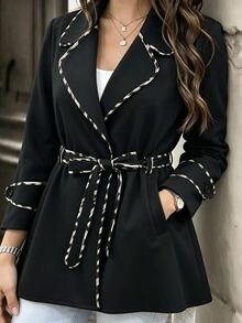 GlowEve CURVE Plus Size Colorblock Trimmed Belted Overcoat - Black - View 1