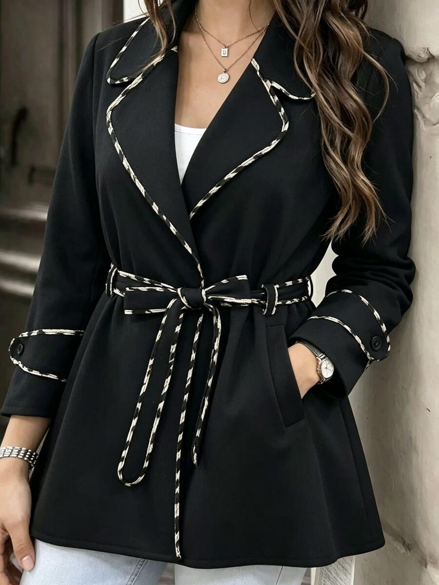GlowEve CURVE Plus Size Colorblock Trimmed Belted Overcoat - Black - View 1