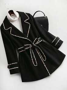 GlowEve CURVE Plus Size Colorblock Trimmed Belted Overcoat - Black - View 5