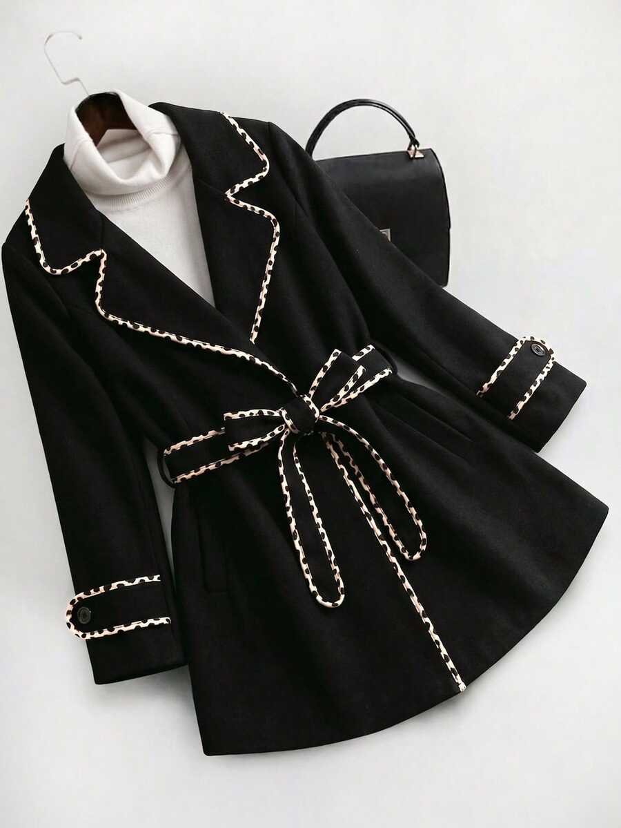 GlowEve CURVE Plus Size Colorblock Trimmed Belted Overcoat | SHEIN UK