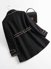 GlowEve CURVE Plus Size Colorblock Trimmed Belted Overcoat - Black - View 2