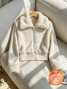 SHEIN 青少年女孩休閒毛茸茸拼接抓絨內裡保暖羅紋短版寬鬆舒適針織外套，柔軟觸感自然慵懶街頭風，適合學校穿著與秋季穿搭，亦是萬聖節與聖誕節的完美氛圍單品 - 灰色 - 查看 1
