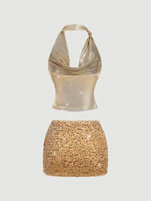 SHEIN MOD Women's Sexy Draped Neck Top And Sequin Mini Skirt 2 Pieces Set - Gold - View 6