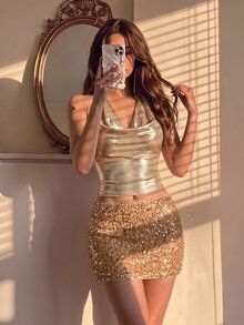 SHEIN MOD Women's Sexy Draped Neck Top And Sequin Mini Skirt 2 Pieces Set - Gold - View 2