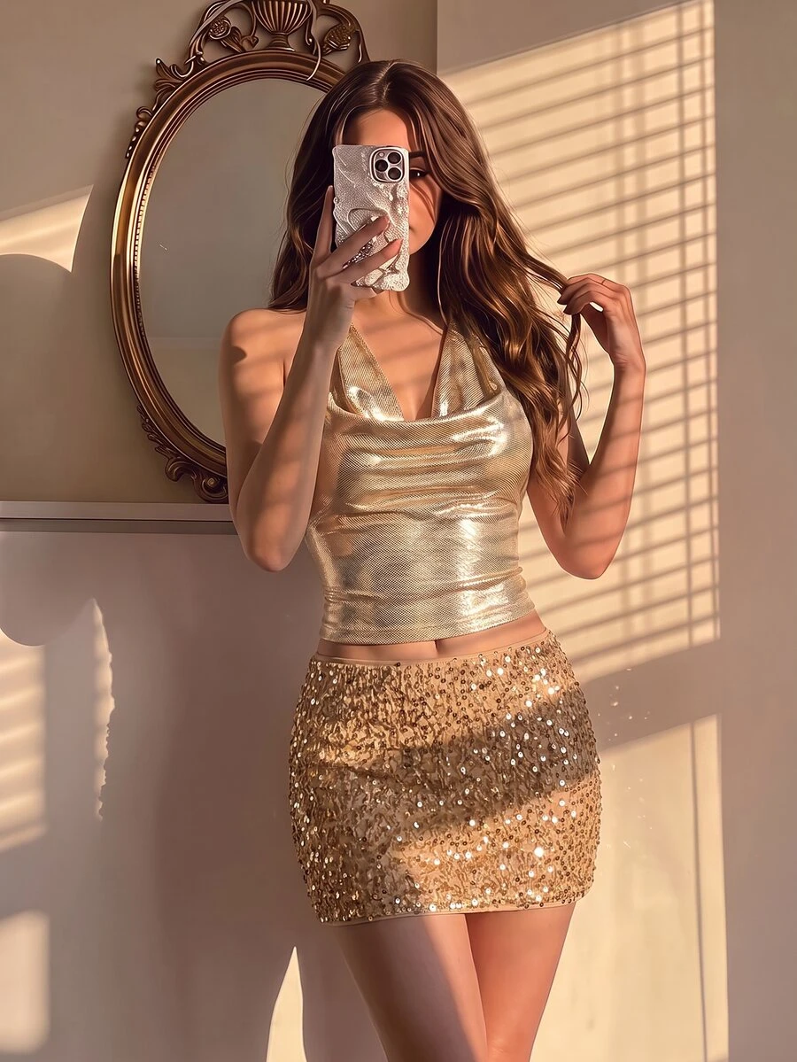 SHEIN MOD 女款性感垂領上衣與亮片迷你裙兩件套 - 金色 - 查看 1