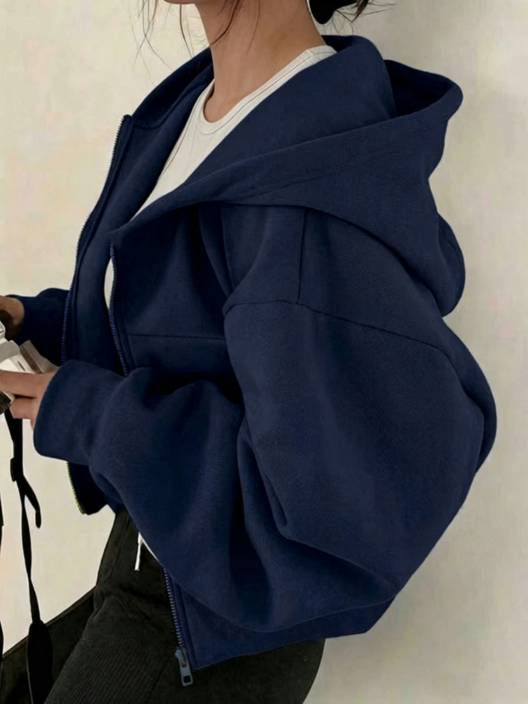 SHEIN Jaket Berkerudung Resleting untuk Anak Perempuan Musim Gugur/Dingin - Gaya Jalanan Campuran Kasual Minimalis, Kain Rajut Tahan Dingin, Potongan Sedikit Longgar, Warna Biru Tua untuk Kampus dan Sekolah - Navy Blue - View 1