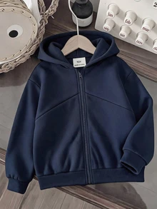 SHEIN 秋冬女款連帽拉鍊夾克－混搭街頭風休閒極簡，防寒針織面料，微寬鬆版型，校園風海軍藍 - 藏蓝色 - 查看 3