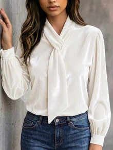 RosyDaze Blus Wanita Warna Polos, Modis, Elegan, Desain Beludru, Lengan Panjang, Pita, untuk Kantor, Kerja, Warna Putih Gading, Musim Gugur - Aprikot - View 6