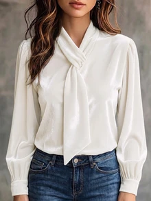 RosyDaze Blus Wanita Warna Polos, Modis, Elegan, Desain Beludru, Lengan Panjang, Pita, untuk Kantor, Kerja, Warna Putih Gading, Musim Gugur - Aprikot - View 3