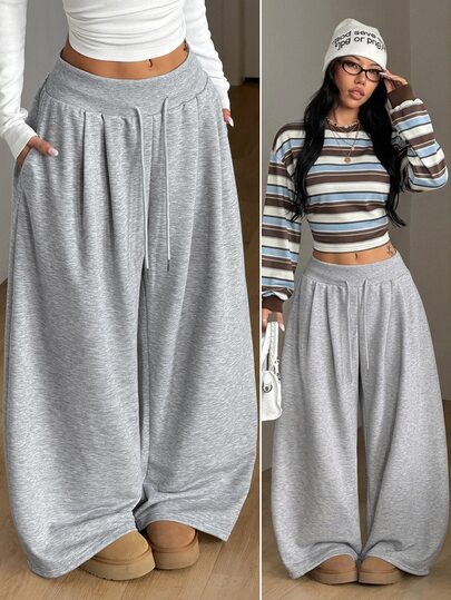 Coolane Women's Fall/Winter Streetwear Casual Sportswear Daily Wear Basic Pleated Grey Baggy Low Rise Wide Leg Sweatpants
