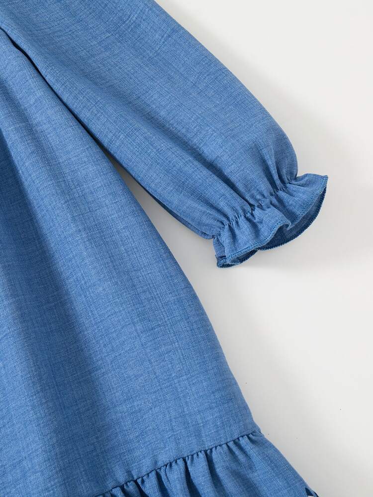 SHEIN Gaun Anak Perempuan Gaya Musim Gugur Segar Longgar Lengan Panjang dengan Manset Elastis dan Hiasan Pita yang Dapat Dilepas, Gaun Kasual Putri Peri untuk Kembali ke Sekolah Sehari-hari, Hadiah Biru - Biru - View 5