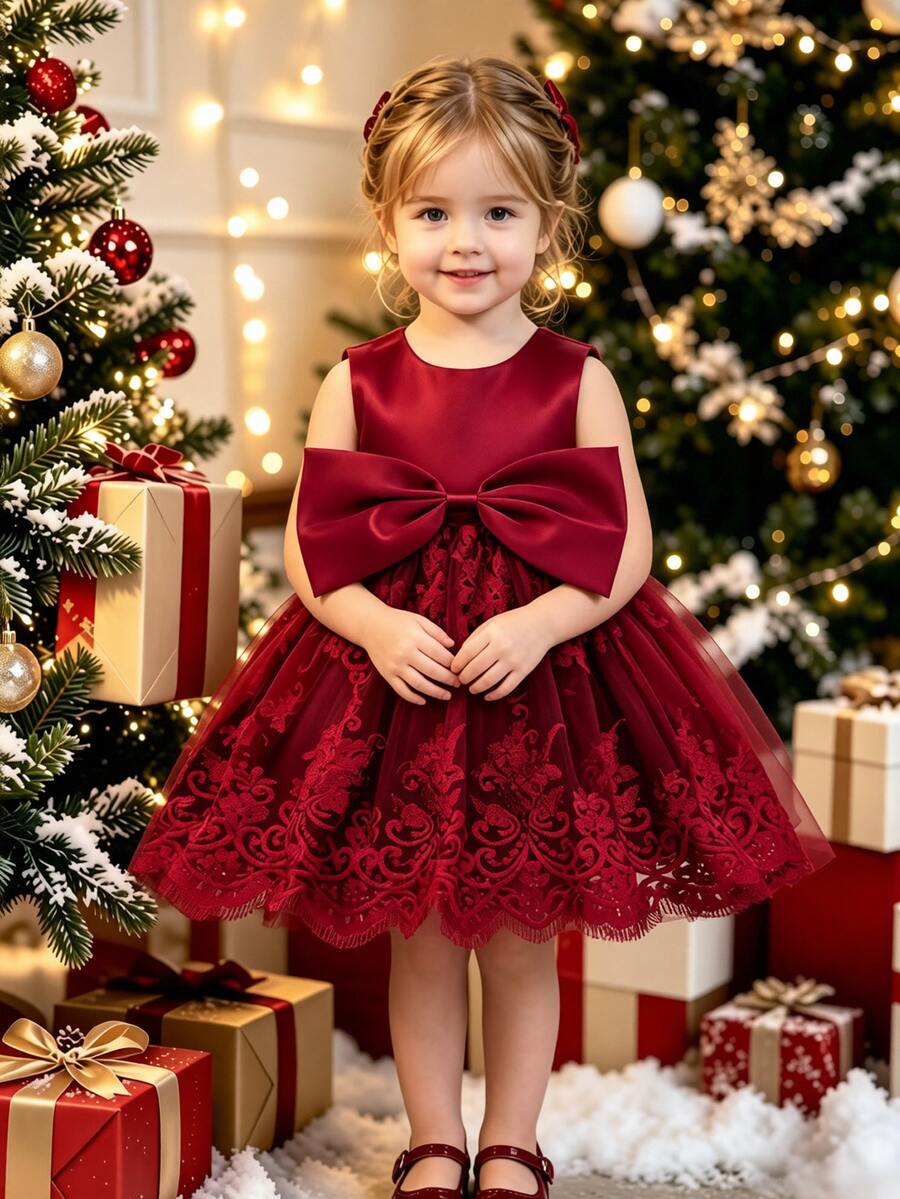 SHEIN Glamorique Kids 女嬰酒紅色緞面花童禮服 嬰兒重工花卉刺繡蕾絲公主洋裝 大蝴蝶結 1歲生日派對 夏季可愛風