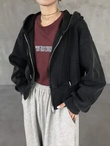 FRIFUL 女款休閒街頭風拉鍊連帽衛衣，秋冬旅行黑色連帽衫 - 灰色 - 查看 3