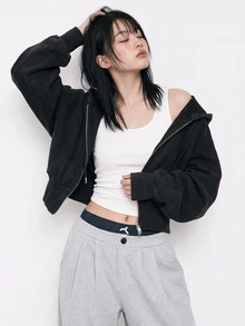 FRIFUL 女款休閒街頭風拉鍊連帽衛衣，秋冬旅行黑色連帽衫 - 灰色 - 查看 17