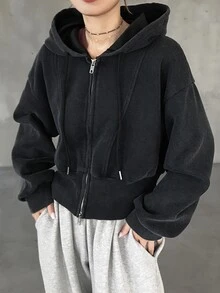 FRIFUL 女款休閒街頭風拉鍊連帽衛衣，秋冬旅行黑色連帽衫 - 灰色 - 查看 5