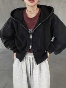 FRIFUL 女款休閒街頭風拉鍊連帽衛衣，秋冬旅行黑色連帽衫 - 灰色 - 查看 1