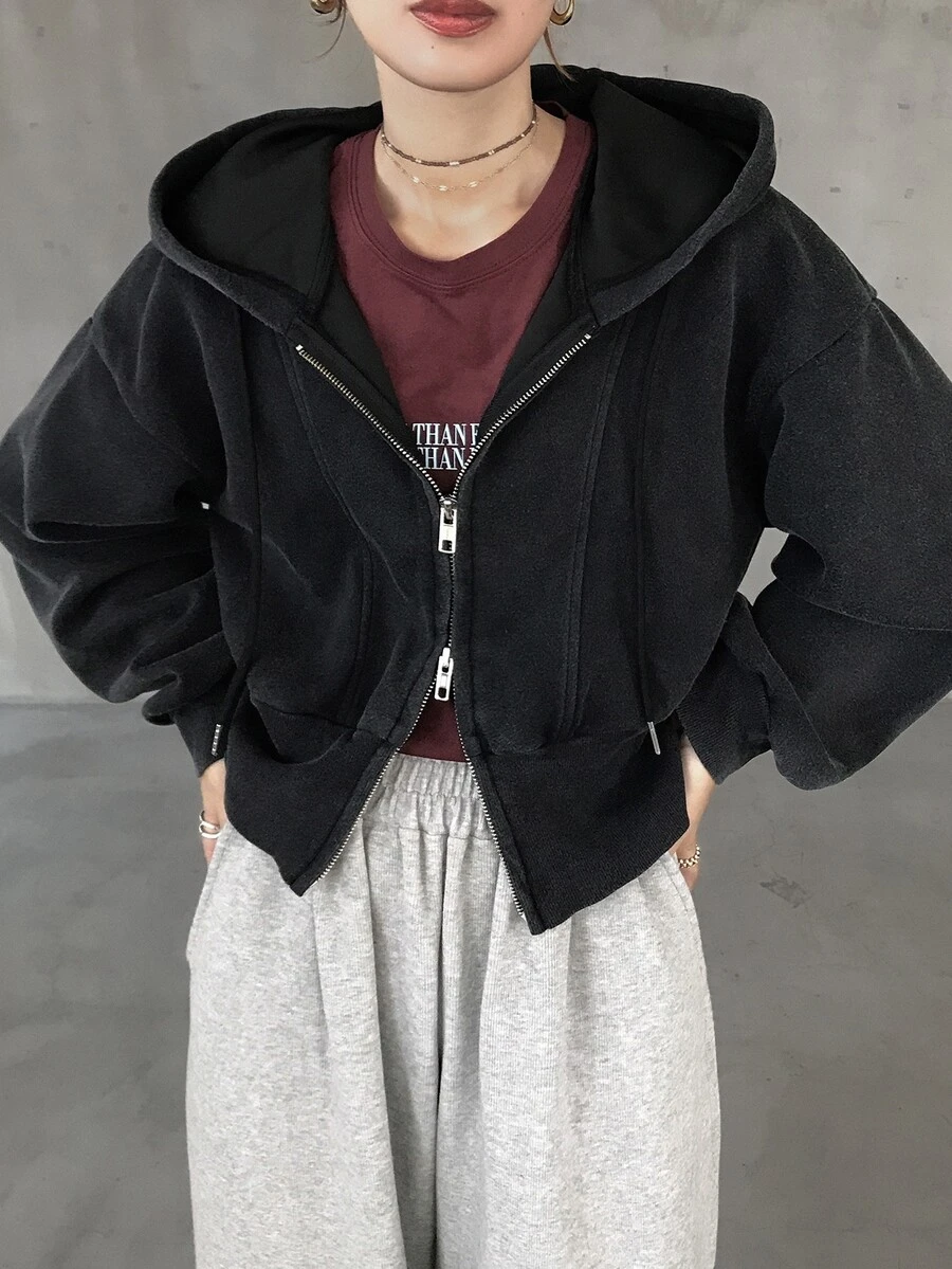 FRIFUL 女款休閒街頭風拉鍊連帽衛衣,秋冬旅行黑色連帽衫 - 灰色 - 查看 1