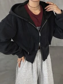 FRIFUL 女款休閒街頭風拉鍊連帽衛衣，秋冬旅行黑色連帽衫 - 灰色 - 查看 7